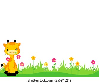 Cute Giraffe With A Flower On Its Mouth Sitting On Grass Web Page Border / Header / Footer Isolated On White Background Illustration