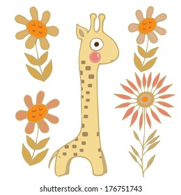 Cute giraffe and flower seamless pattern