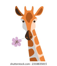 Cute giraffe with flower, wild safari africa animal, portrait, isolated. Design for logo, book, poster, card. Funny childrens animal character. Cartoon vector illustration, white background flat style