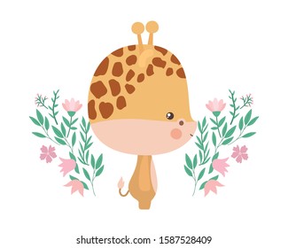 Cute giraffe with flowers and leaves design, Animal zoo life nature character childhood and adorable theme Vector illustration