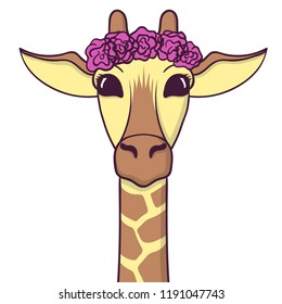 Cute Giraffe with flowers on the head. Print for fabric, t-shirt, poster. Vector illustration
