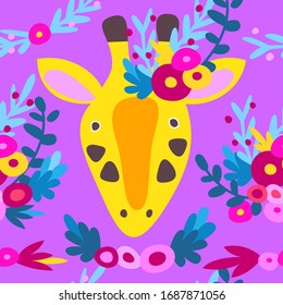 Cute giraffe with flowers on his head with a bouquet of flowers. Seamless vector doodle illustration for postcard, packaging, background, cover. Cartoon character animal pattern Africa wildlife