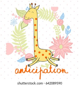 Cute giraffe with flowers. Vector greeting card.
