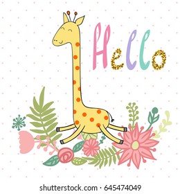 Cute giraffe with flowers. Vector greeting card.