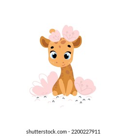 Una jirafa dulce con flores. Impresión vectorial para habitación infantil, tela, papel, tarjeta de felicitación, postal, tarjeta, camiseta, afiche, textil. Ilustración del vector