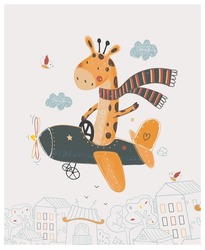 Cute Giraffe Flying On A Plane Cartoon Hand Drawn Vector Illustration. Can Be Used For T-shirt Print, Kids Wear Fashion Design, Baby Shower Invitation Card.