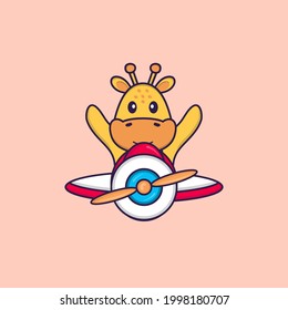 Cuta jirafa volando en un avión. El concepto de caricatura animal aislado. Puede usarse para camisetas, tarjetas de felicitación, tarjetas de invitación o mascota.
