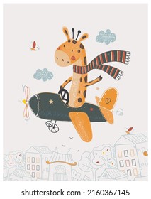 Cute Giraffe flying on a plane cartoon hand drawn vector illustration. Can be used for t-shirt print, kids wear fashion design, baby shower invitation card.