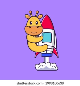 Cute giraffe flying on rocket. Animal cartoon concept isolated. Can used for t-shirt, greeting card, invitation card or mascot.