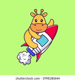 Cute giraffe flying on rocket. Animal cartoon concept isolated. Can used for t-shirt, greeting card, invitation card or mascot.