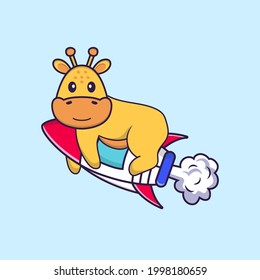 Una jirafa linda volando sobre un cohete. El concepto de caricatura animal aislado. Puede usarse para camisetas, tarjetas de felicitación, tarjetas de invitación o mascota.