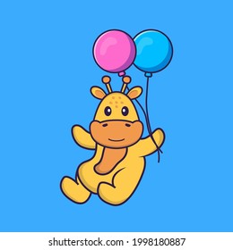 Una jirafa linda volando con dos globos. El concepto de caricatura animal aislado. Puede usarse para camisetas, tarjetas de felicitación, tarjetas de invitación o mascota.
