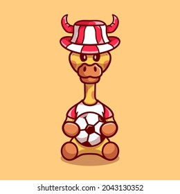 cute giraffe football supporter with ball and hat, suitable for football fans t-shirt or animal icon design