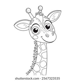 Cute giraffe funny animal doodle style. Hand drawn animal coloring page. Pet character black and white coloring book, art therapy, line art Funny Giraffe portrait. Vector illustration