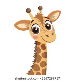 Cute giraffe funny animal. Hand drawn, trendy flat style isolated adorable animal. Funny Giraffe portrait. Animals of the African Savannah, Safari camelopard. Vector illustration