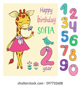 Cute giraffe with cute and funny colorful number characters from 0 to 9. Can be used for birthday cards, baby announcement, invitations. Cartoon vector illustration on white background for children.