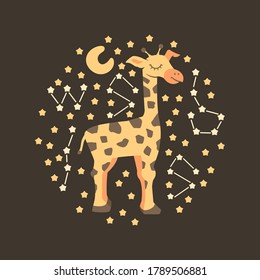 Cute giraffe, funny giraffe surrounded by stars and constellations illustration of character design fashion graphic T-shirt graphics, vector eps 10 format