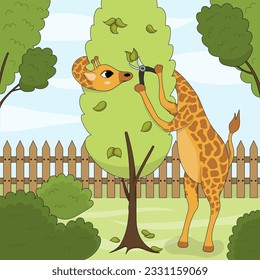 Cute giraffe gardener. Lovely cartoon animal character working in the green garden and cutting leaves with secateurs. Profession, occupation, job, flat vector illustration