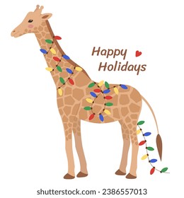 Cute giraffe with garland around his neck and body isolated on a white background. Happy Holidays, New Year, Christmas design. Vector illustration for greeting card, poster, banner