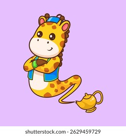 Cute Giraffe Genie In Lamp Cartoon Vector Icon Illustration. Animal Holiday Icon Concept Isolated Premium Vector. Flat Cartoon Style