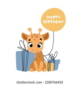 Cute giraffe with gift. Vector print for children room, fabric, paper, greeting card, postcard, card, t shirt, poster, textile. Vector illustration. Happy birthday card. 
