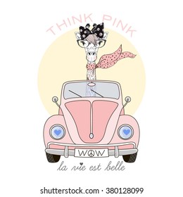 cute giraffe girl driving pink car, think pink life is beautiful, kid illustration, textile design