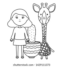 cute giraffe and girl with exotic cactus in ceramic pot