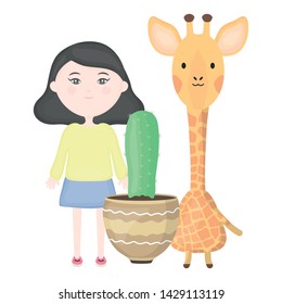 cute giraffe and girl with exotic cactus in ceramic pot