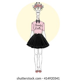cute giraffe girl hipster, furry art illustration, fashion animals, hipster animals