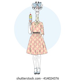 cute giraffe girl hipster with ice cream, furry art illustration, fashion animals, hipster animals