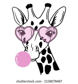 Cute Giraffe With glasses and Bubble gum Line Art. Giraffe sketch vector illustration. Good for posters, t shirts, postcards.