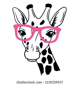 Cute Giraffe With glasses  Line Art. Giraffe sketch vector illustration. Good for posters, t shirts, postcards.