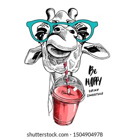 Cute Giraffe in a glasses with a Plastic Cup Mockup of Smoothie. Humor card, t-shirt composition, hand drawn style print. Vector illustration.