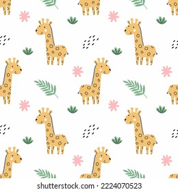 Cute giraffe . Green tropical branch. Seamless pattern for sewing children's clothing. African background in nursery. Jungles. Printing on fabric and packaging.