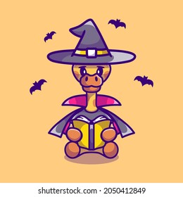 cute giraffe halloween witch reading a book, suitable for cute animal halloween t-shirts or mascot designs