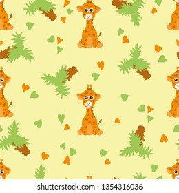 Cute giraffe hand drawn children vector illustration. Baby graphic seamless pattern for kids t-shirt print. Smile funny colors orange and brown animal with heart and palm an yellow background