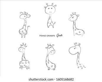 cute giraffe hand drawn icon vector set line art, Doodle Cartoon Animals in black and white style, Perfect for invitations,greeting cards, prints, posters