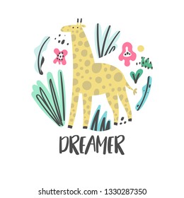 Cute giraffe hand drawn illustration. Baby design for birthday invitation or baby shower, poster, clothing, nursery wall art and travel postcard. Little giraffe in cartoon style. African animal.