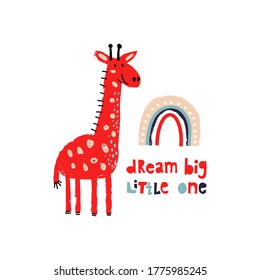 Cute giraffe hand drawn illustration vector. Baby design for birthday invitation or baby shower, poster, clothing, nursery wall art and postcard