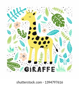 Cute giraffe with hand drawn illustrations with lettering. Travel postcard, kids book clipart