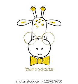 Cute giraffe hand drawn portrait. Vector illustration.