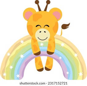 Cute giraffe hanging on magic rainbow