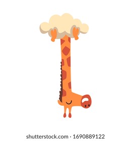 Cute Giraffe Hanging Upside Down from a Cloud, Funny Crazy African Animal Cartoon Character Vector Illustration