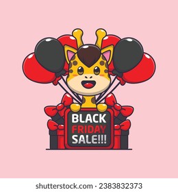 cute giraffe happy in black friday sale cartoon vector illustration