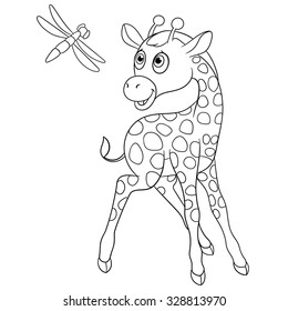 cute giraffe is happy to see dragonfly
