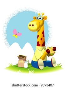 Cute giraffe having a sandwich as lunch.