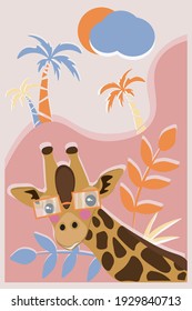 Cute giraffe head, African wild animal. Illustrations with a little giraffe in glasses, in a cartoon style, can be used for the design of children's clothing or things, a pet store, a holiday card. 
