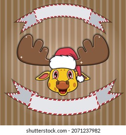 Cute Giraffe Head With Christmas Hat. Blank label and banner. Character, Mascot and Icon. vector and Illustration.