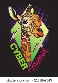 Cute giraffe head drawn by hand. Slogan cyber animal. Vector illustration print for t shirt._