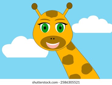 Cute giraffe head with green eyes. Blue sky background with white clouds. Children's illustration of a giraffe. Doodle design, tile, background, repeat, wallpaper, scarf, isolated, cartoon.